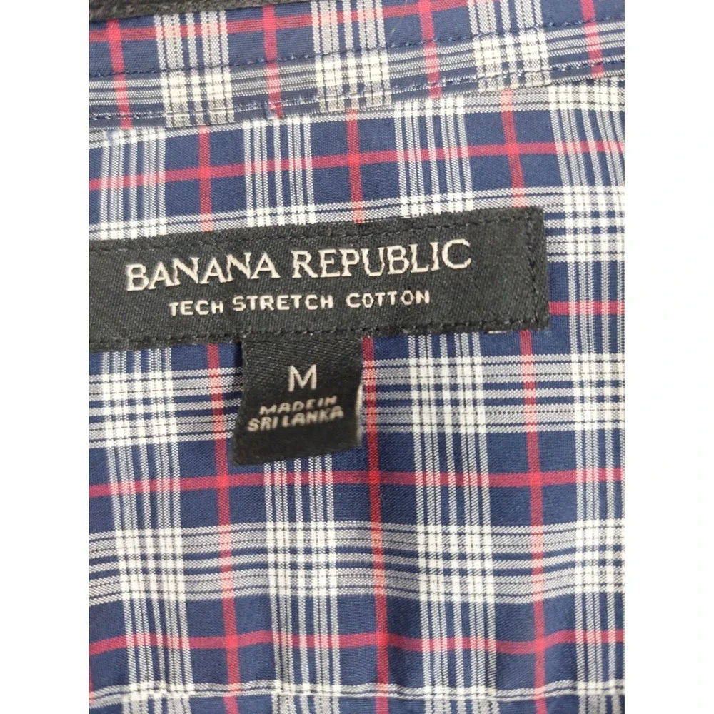 Banana‎ Republic Men Shirt M Navy Blue Plaid Slim Fit Stretch Button Up Casual